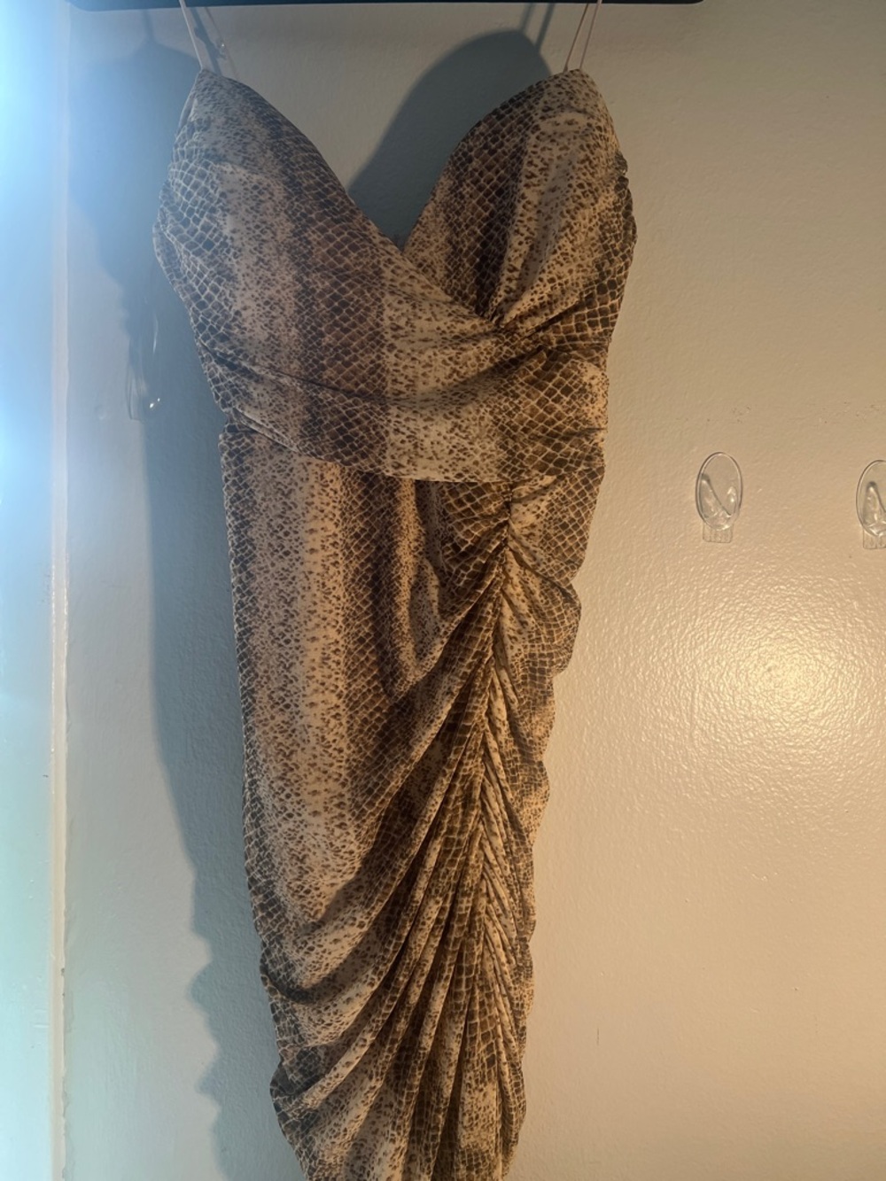 Snakeskin Ruched Bodycon Dress - Taupe Brown